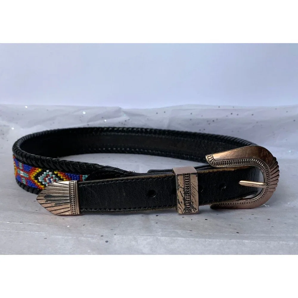 Vintage LL Bean Bauer 1991 Mens Genuine Leather Southwestern Beaded Belt EUC!